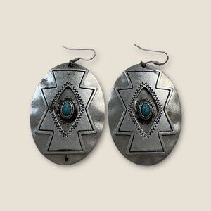 Large Oval Southwestern Dangle Earrings With Faux Turquoise Stone & Etched Silve